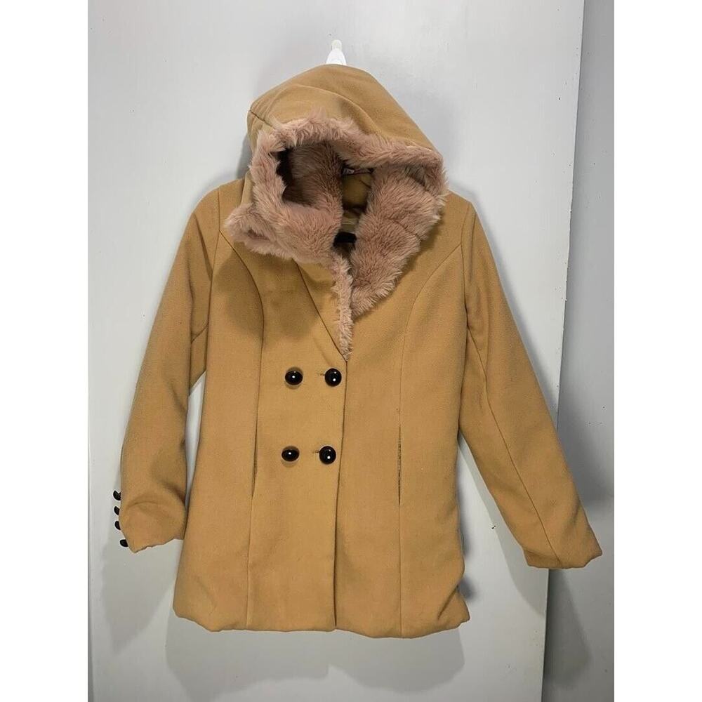 Womens Camel Hooded Coat With Faux Fur Lining & Button Details Size M